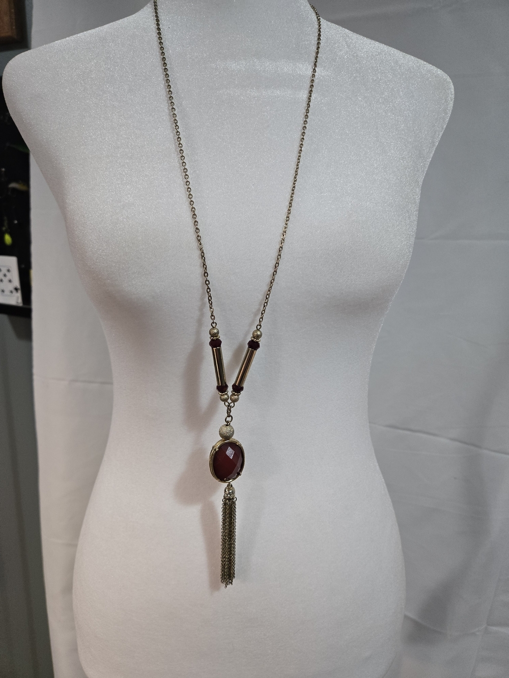 New York & Co Vintage Long Pendant Necklace with Burgundy Gem and Tassel